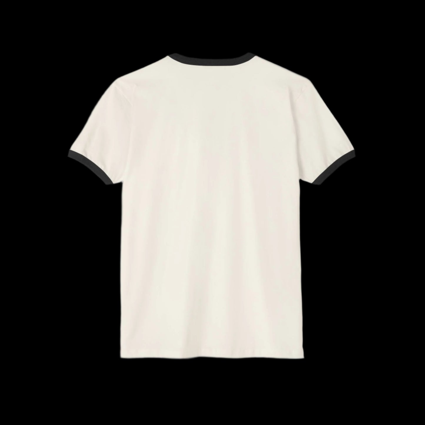 A Retro Ringer T-Shirt with black trim on the collar and sleeve ends is displayed against a black background. This unisex classic fit piece, made from 100% cotton, is shown from the back.