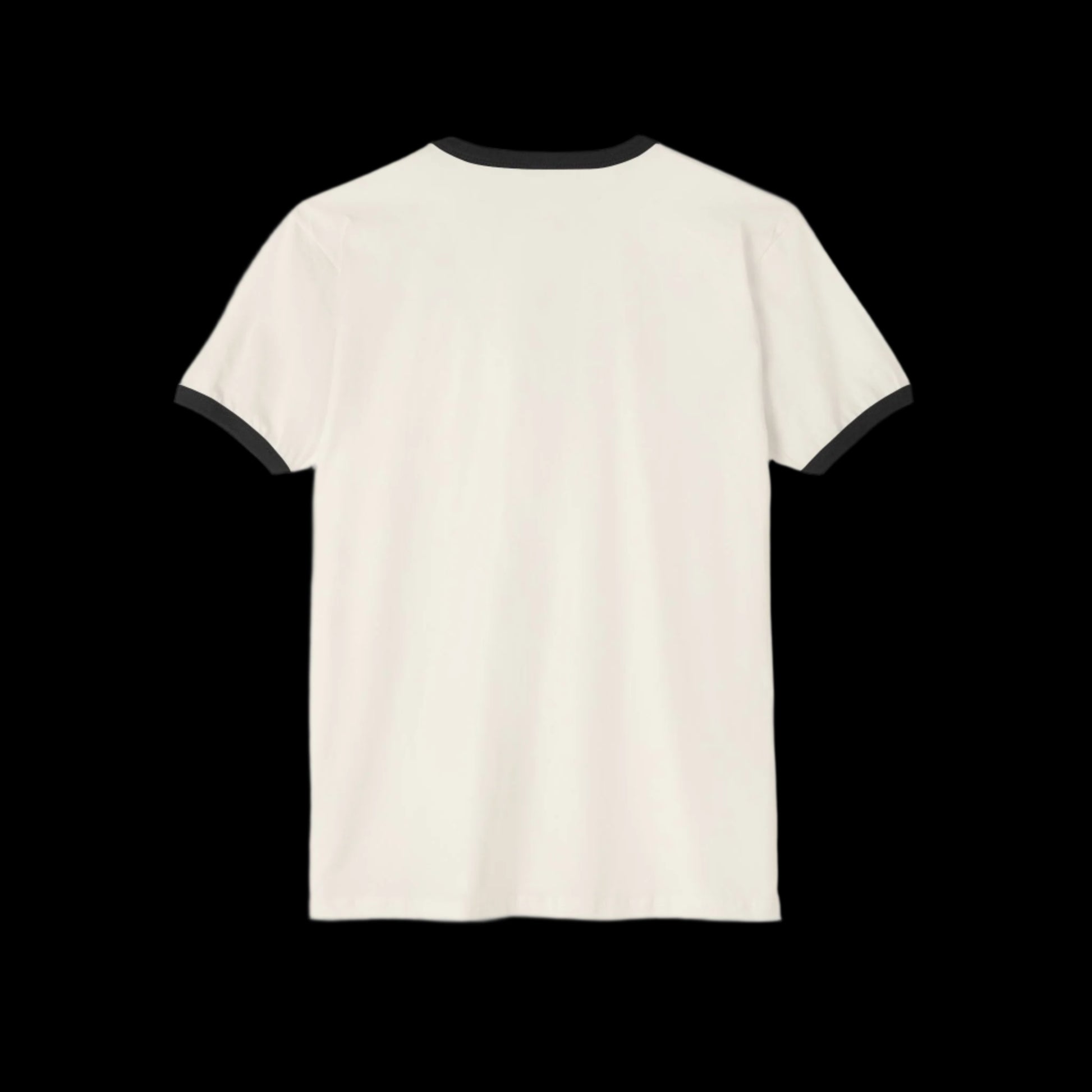 A Retro Ringer T-Shirt with black trim on the collar and sleeve ends is displayed against a black background. This unisex classic fit piece, made from 100% cotton, is shown from the back.