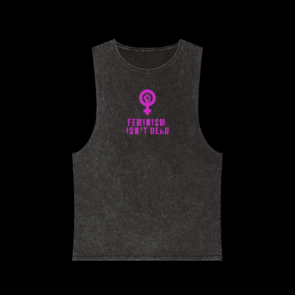 Vintage stonewash muscle tank top in grey, showcasing a hot pink woman symbol above Feminism Isnt Dead boldly printed on the front, celebrates womens rights. Displayed against a plain black background, it makes a powerful statement while blending style and advocacy.