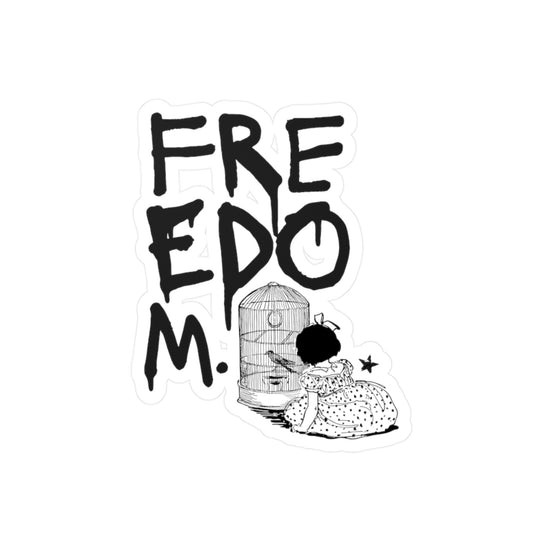 Illustration of a small child in a polka-dot dress, kneeling beside an open birdcage. The word FREEDOM is boldly written above in black letters, designed as a kiss-cut sticker with removable adhesive for easy application.