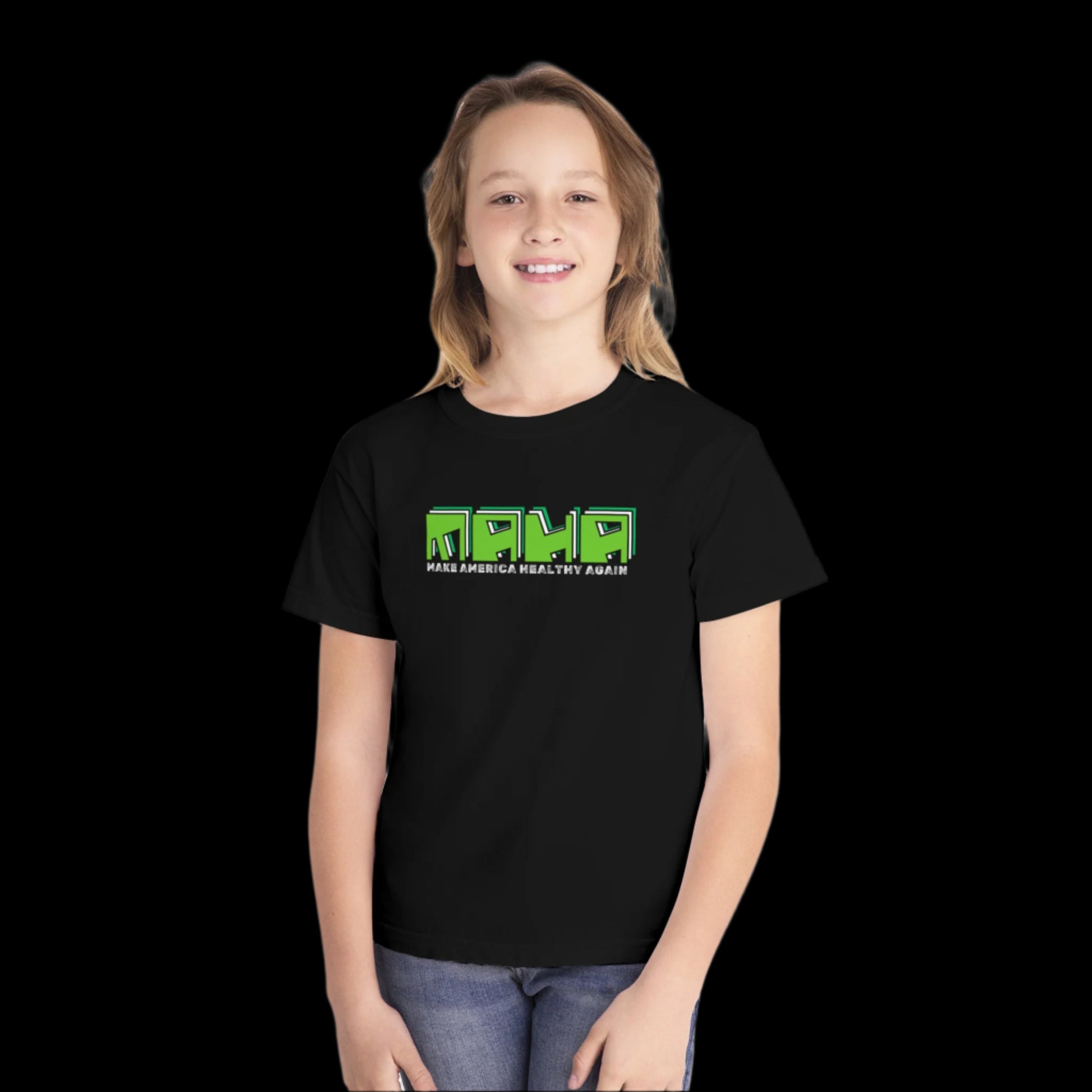 A girl smiles while wearing a black T-shirt with a green geometric design and the text Make America Healthy Again. The vintage look of this 100% cotton tee pops against the plain black background.