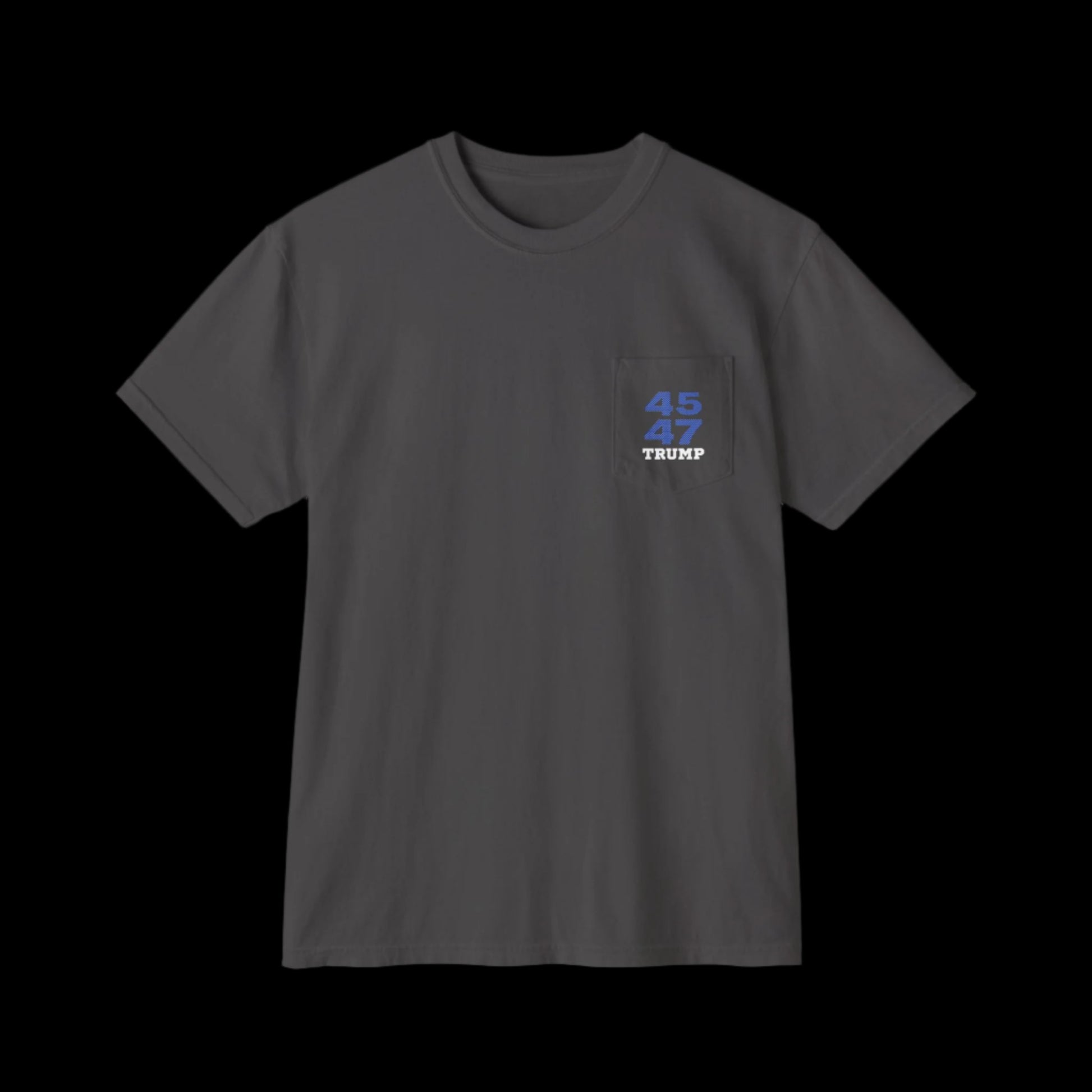 A garment-dyed graphite T-shirt with a pocket on the left side. The pocket features bold blue text that reads 45 47 and TRUMP below.