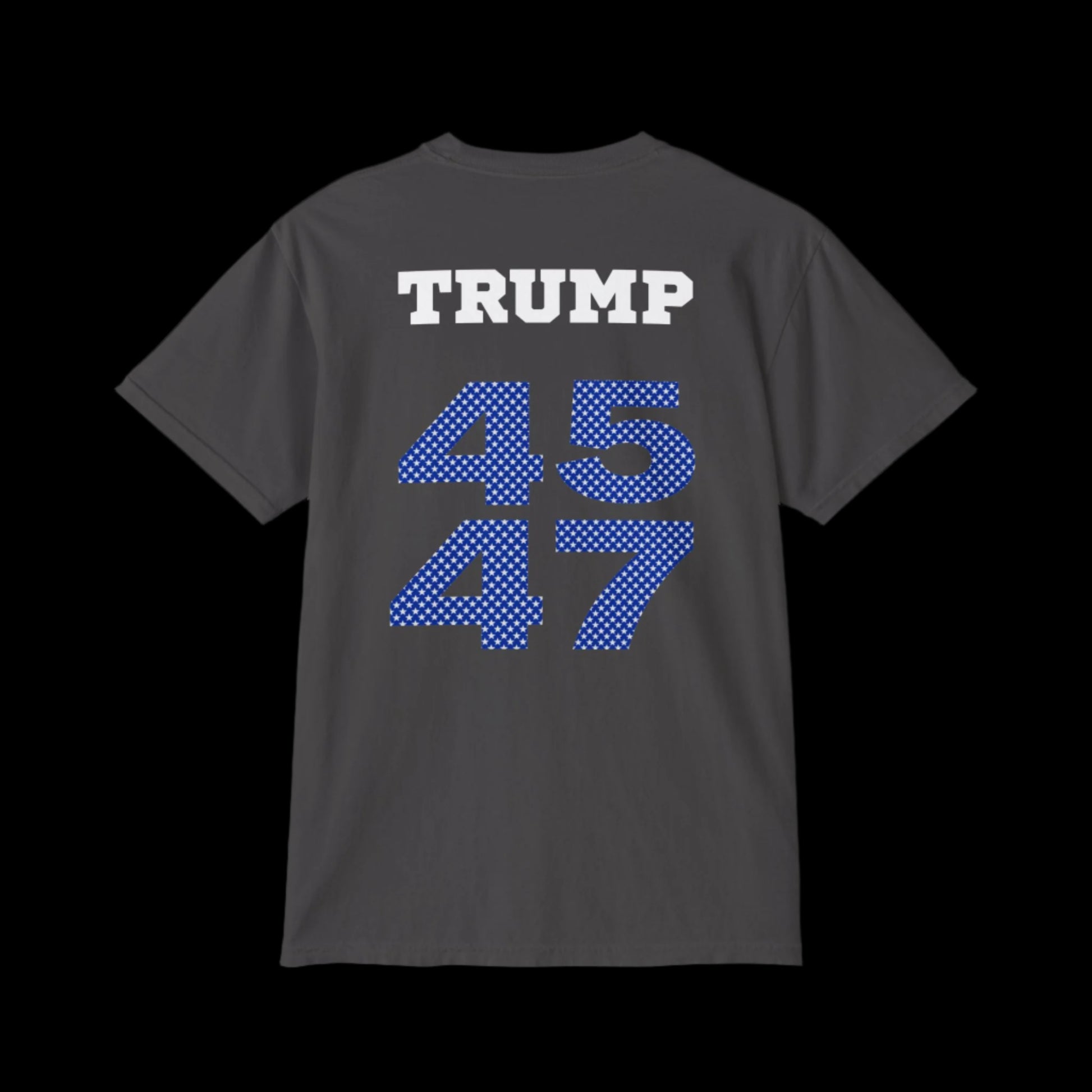 This garment-dyed graphite T-shirt features TRUMP in bold white lettering above, with 45 and 47 in a unique blue and white star pattern below, reminiscent of classic sports jersey t-shirts.