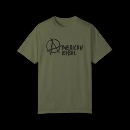 This vintage-look hemp green T-shirt from American Rebel Brand features American Rebel in black, with an anarchist symbol as the letter A. Made from 100% cotton, the T-shirt pops against a black background.