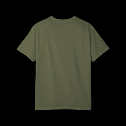 A plain hemp green T-shirt, crafted from 100% cotton for a soft feel, is shown from the back against a black background. Its short sleeves and absence of visible logos or designs contribute to its timeless vintage look.