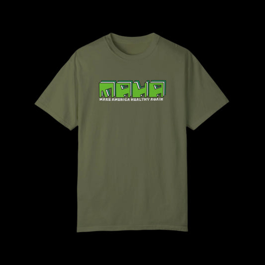 The Make America Healthy Again-MAHA-Unisex T-shirt is hemp color featuring a geometric design with green and white text that reads Make America Healthy Again on the front. Made from 100% garment-dyed cotton, it offers a vintage look against a solid black background.