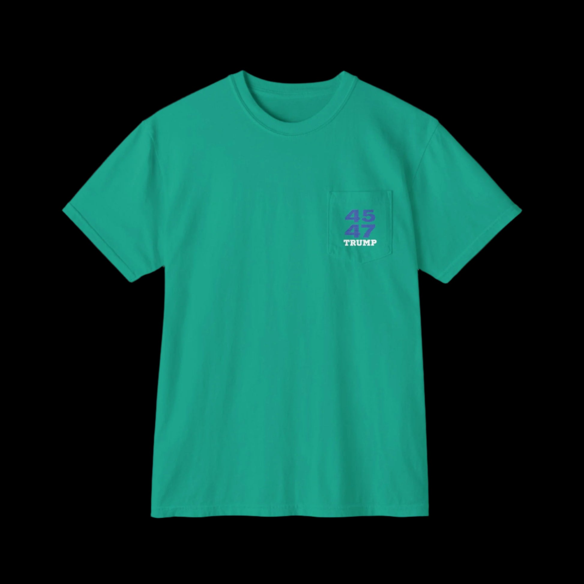 A garment-dyed island green T-shirt features a pocket on the left chest, printed with Trump 45 47 in a blue with white star pattern and the text TRUMP below, reminiscent of sports jersey t-shirts. Displayed against a black background, it combines casual style with unique detailing.