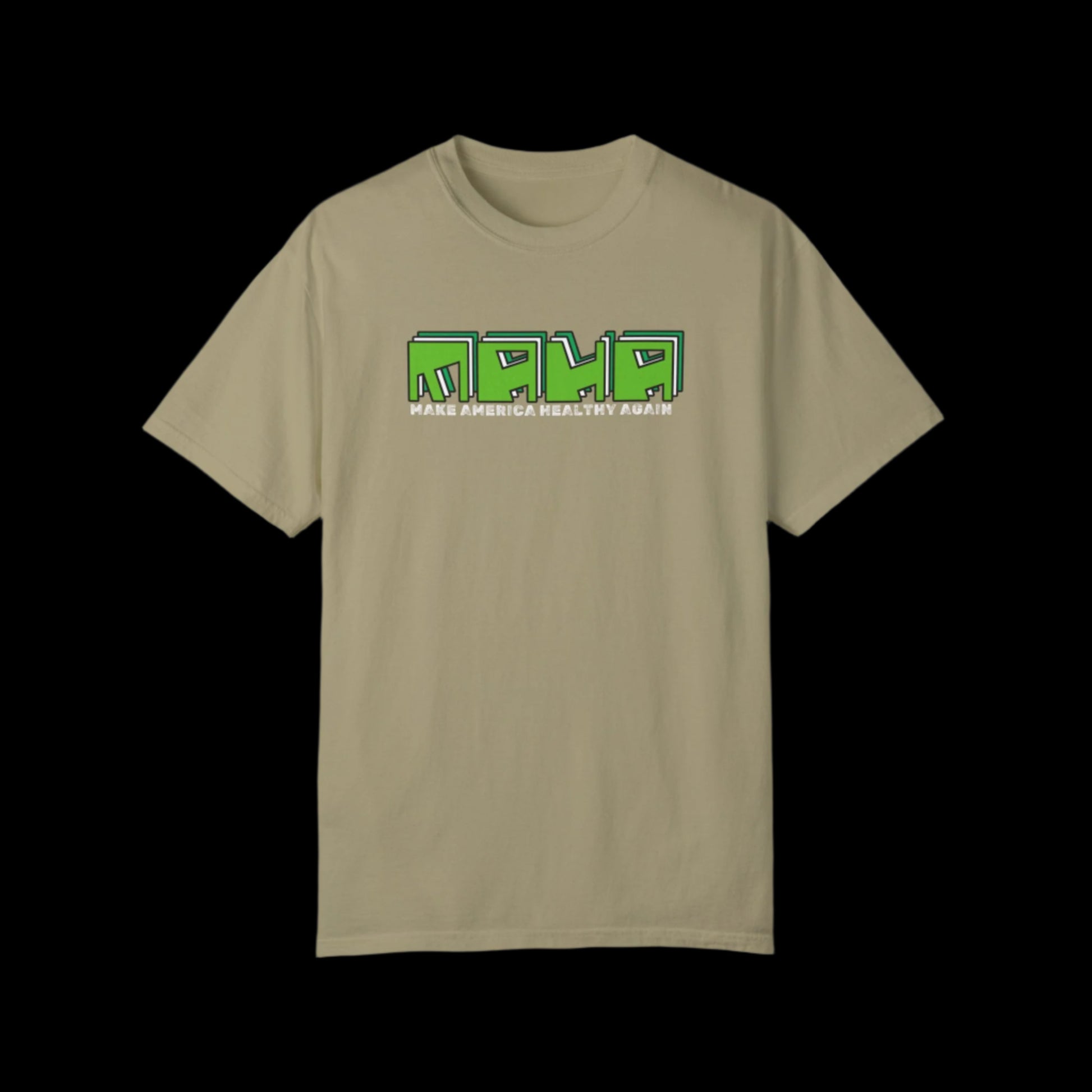 The Make America Healthy Again (MAHA) unisex khaki  t-shirt is garment-dyed and 100% cotton, featuring bold MAHA in green block letters and MAKE AMERICA HEALTHY AGAIN in white, offering a vintage look on beige with a modern style.