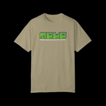 The Make America Healthy Again (MAHA) unisex khaki  t-shirt is garment-dyed and 100% cotton, featuring bold MAHA in green block letters and MAKE AMERICA HEALTHY AGAIN in white, offering a vintage look on beige with a modern style.