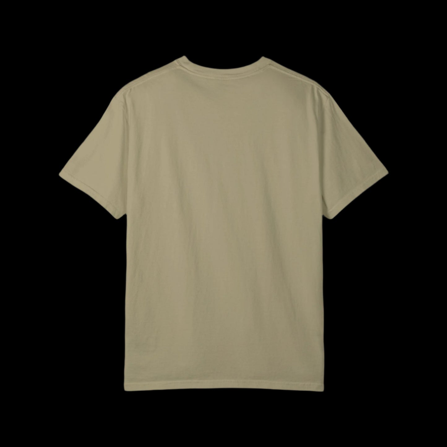 The garment-dyed MAHA T-shirt in khaki, crafted from 100% cotton, is displayed from the back against a white backdrop, exuding a vintage look.