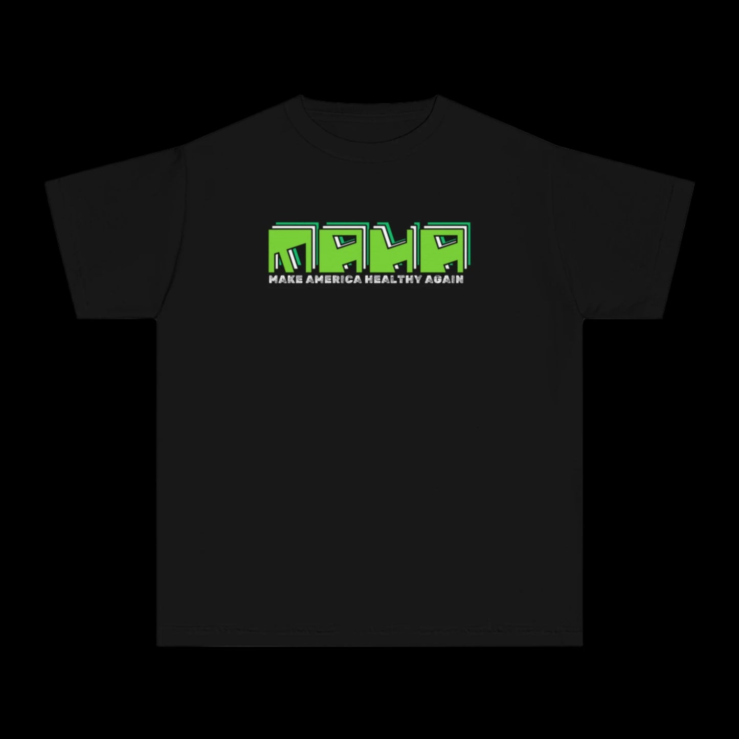 This garment-dyed black t-shirt, crafted from 100% cotton, boldly displays Make America Healthy Again in bright green, blocky letters. Its vintage look adds a touch of timeless style to your wardrobe.