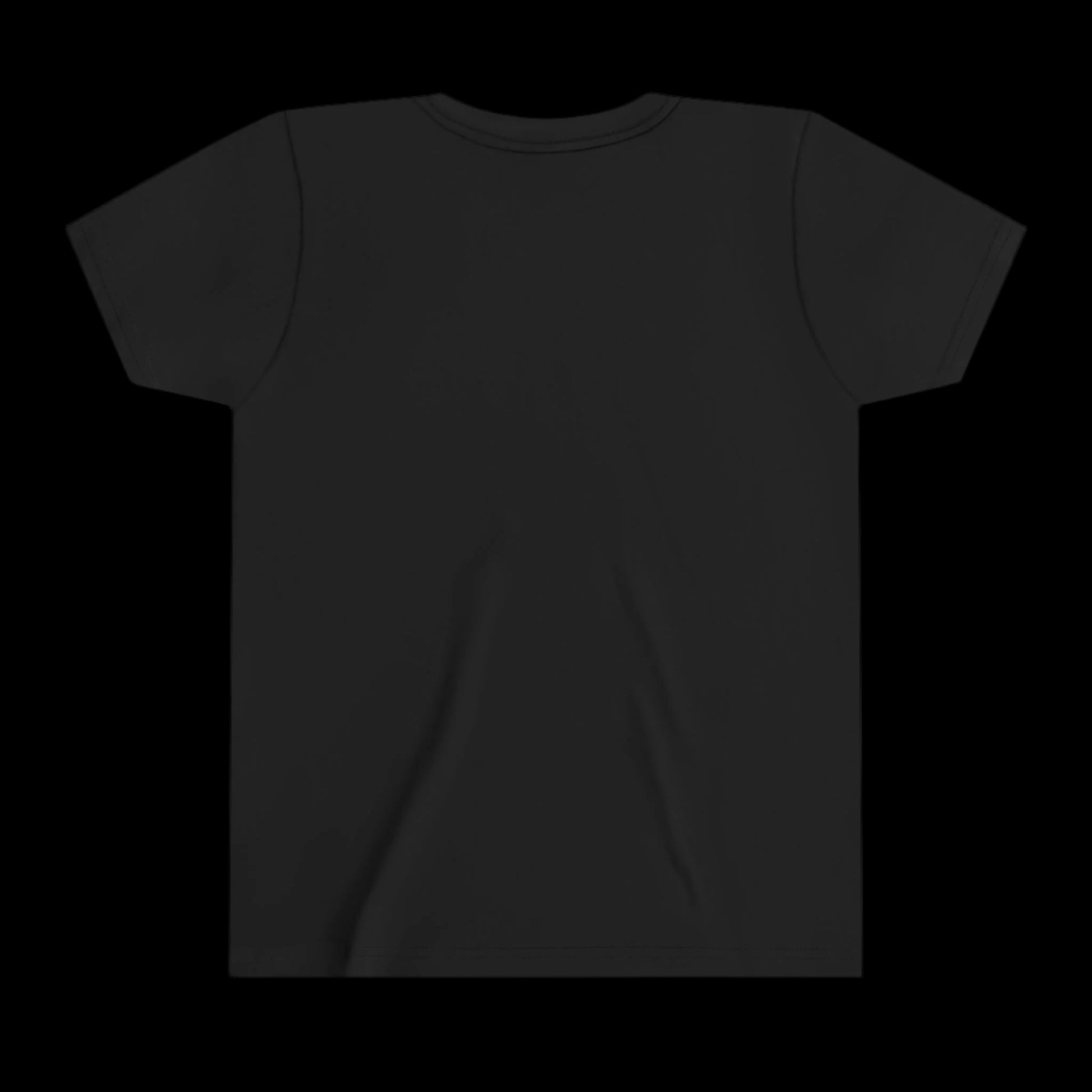 A plain black T-shirt crafted from 100% cotton is displayed on a black background. This youth graphic tee is shown from the back, featuring short sleeves and a crew neckline, embodying minimalist style with comfort.