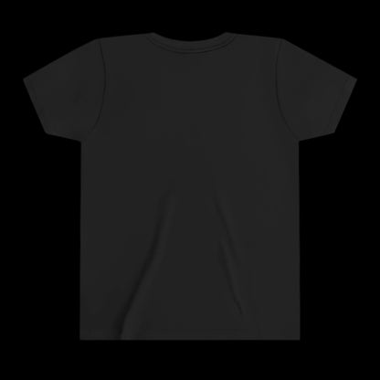 A plain black T-shirt crafted from 100% cotton is displayed on a black background. This youth graphic tee is shown from the back, featuring short sleeves and a crew neckline, embodying minimalist style with comfort.