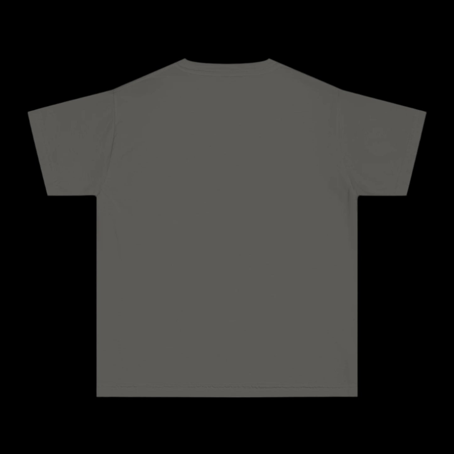 A plain, pepper gray T-shirt is displayed against a black background. Crafted from 100% cotton, the shirt boasts a garment-dyed finish for a subtle vintage look. Shown from the back, it features short sleeves and a simple, clean design.