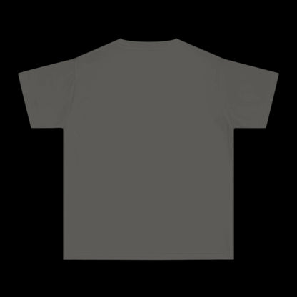 A plain, pepper gray T-shirt is displayed against a black background. Crafted from 100% cotton, the shirt boasts a garment-dyed finish for a subtle vintage look. Shown from the back, it features short sleeves and a simple, clean design.