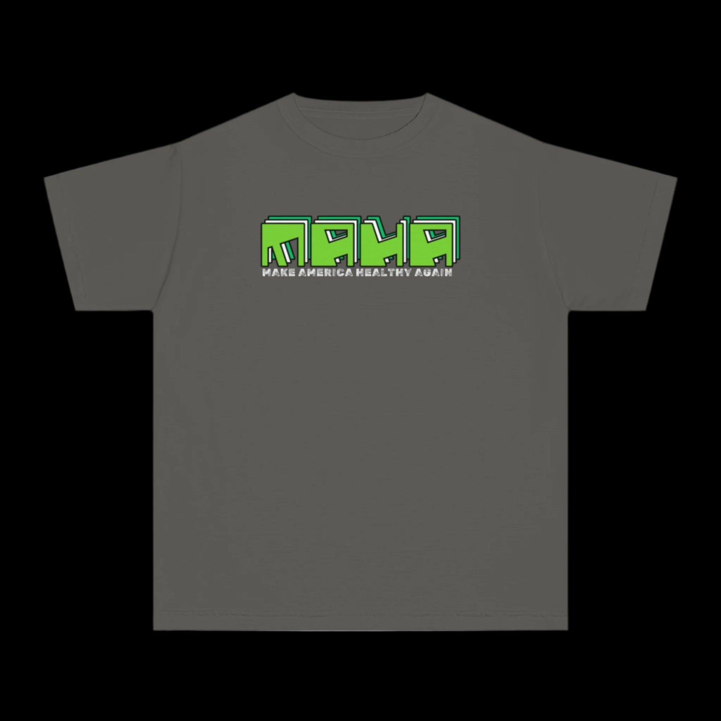 A pepper gray T-shirt, crafted from 100% cotton, showcases the acronym MAHA in large green stylized letters across the chest. The phrase Make America Healthy Again appears in smaller white font underneath, giving it a vintage look enhanced by its garment-dyed finish.