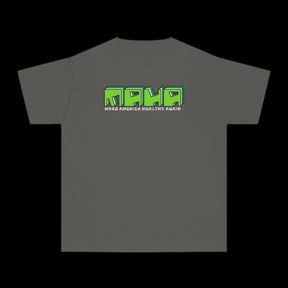 A pepper gray T-shirt, crafted from 100% cotton, showcases the acronym MAHA in large green stylized letters across the chest. The phrase Make America Healthy Again appears in smaller white font underneath, giving it a vintage look enhanced by its garment-dyed finish.