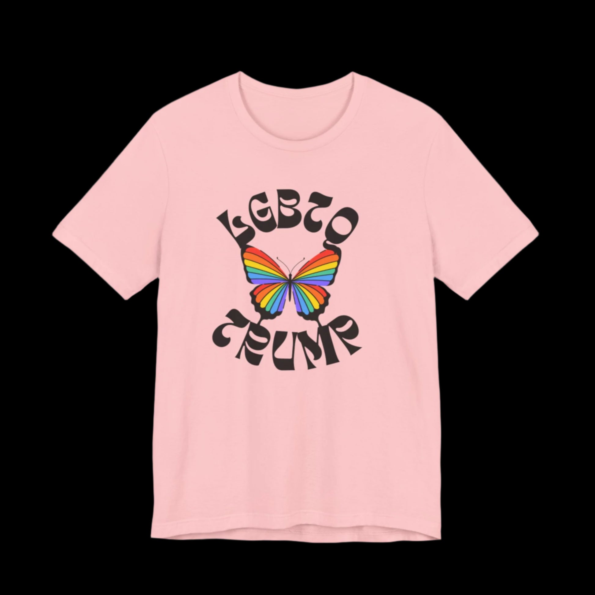 Unisex pink T-shirt showcasing a vibrant butterfly with rainbow wings and the bold text LGBTQ PRIDE in curved letters. The design celebrates LGBTQ pride and inclusivity, making it perfect for anyone who wants to express their support in style.