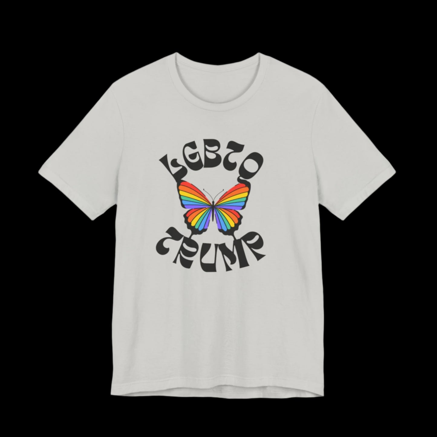 This unisex  silver color t-shirt showcases a rainbow-colored butterfly flanked by the bold, playful words LGBTQ PRIDE against a stark black background. Perfectly embodying spirit and unity for all, it’s an ideal statement piece for any wardrobe.