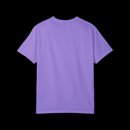 A plain purple T-shirt by American Rebel Brand is displayed against a black background, showcasing the back view. Crafted from 100% cotton, it features short sleeves and a simple design with a vintage look.