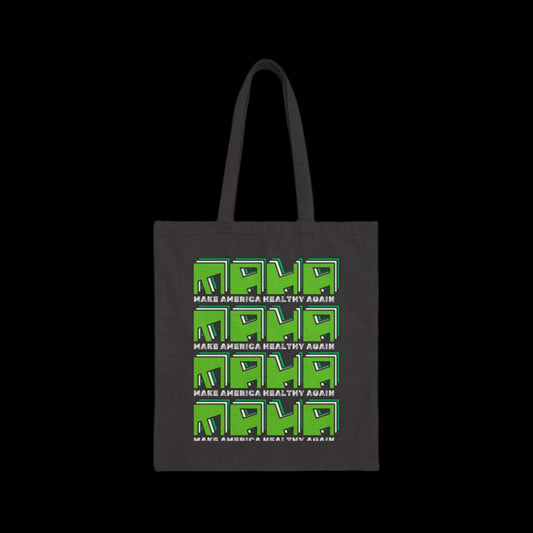 A black tote bag showcases the repeated phrase MAHA-MAKE AMERICA HEALTHY AGAIN, inspired by RFK Jr., repeated in green block letters with a bold, graphic design style.