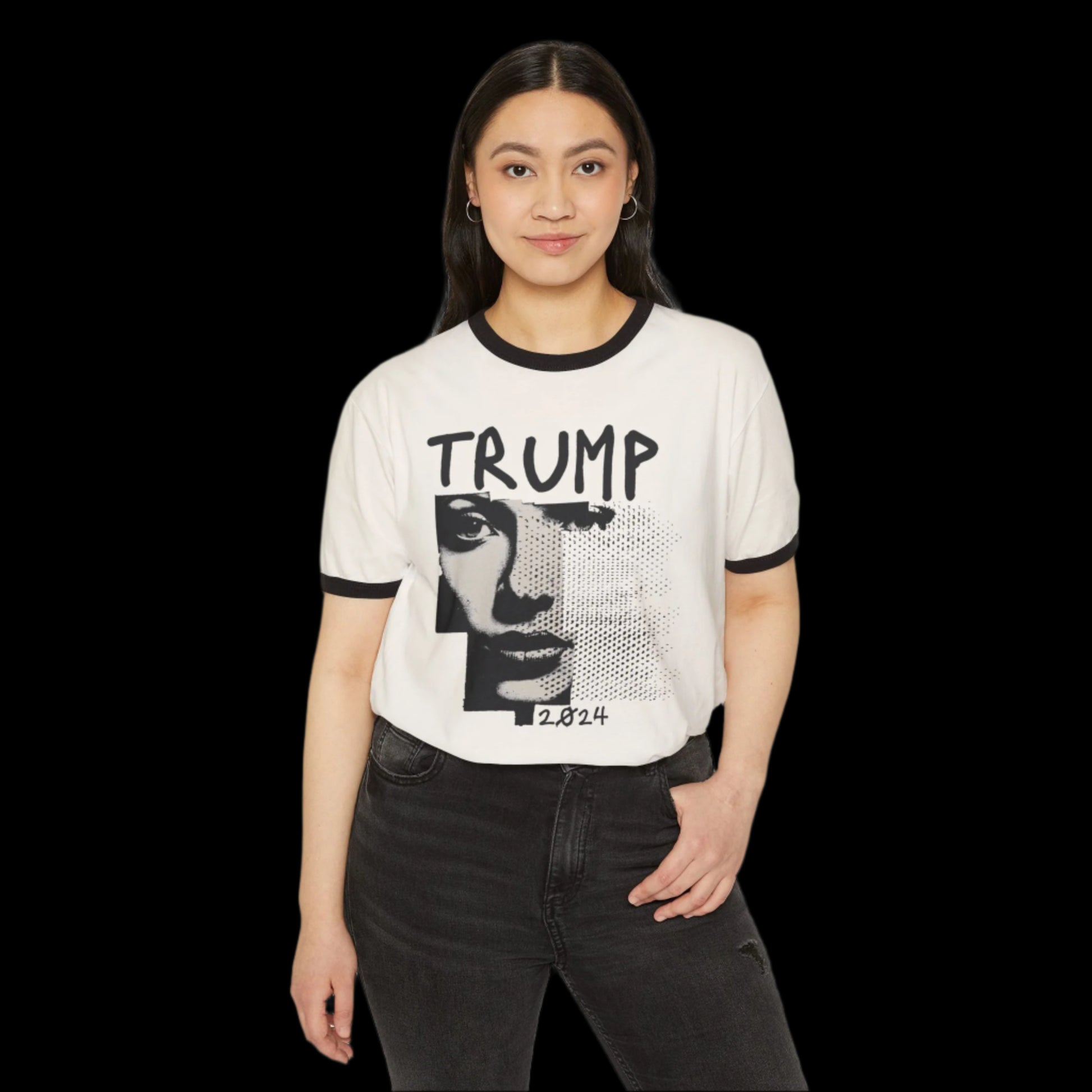 A person with long hair is wearing a Retro Ringer T-Shirt featuring TRUMP 2024. Made from 100% Cotton, this Unisex Classic Fit shirt boasts black trim on the sleeves and neckline. They stand against a black background, one hand casually in their pocket.