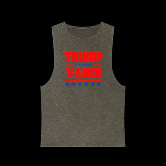 The Trump Vance-Unisex-Stonewash-Tank Top features a moss stone color design with bold red and blue Trump Vance letters, stars, and stripes in a patriotic layout on black. Its vintage look and stonewash finish add timeless appeal.