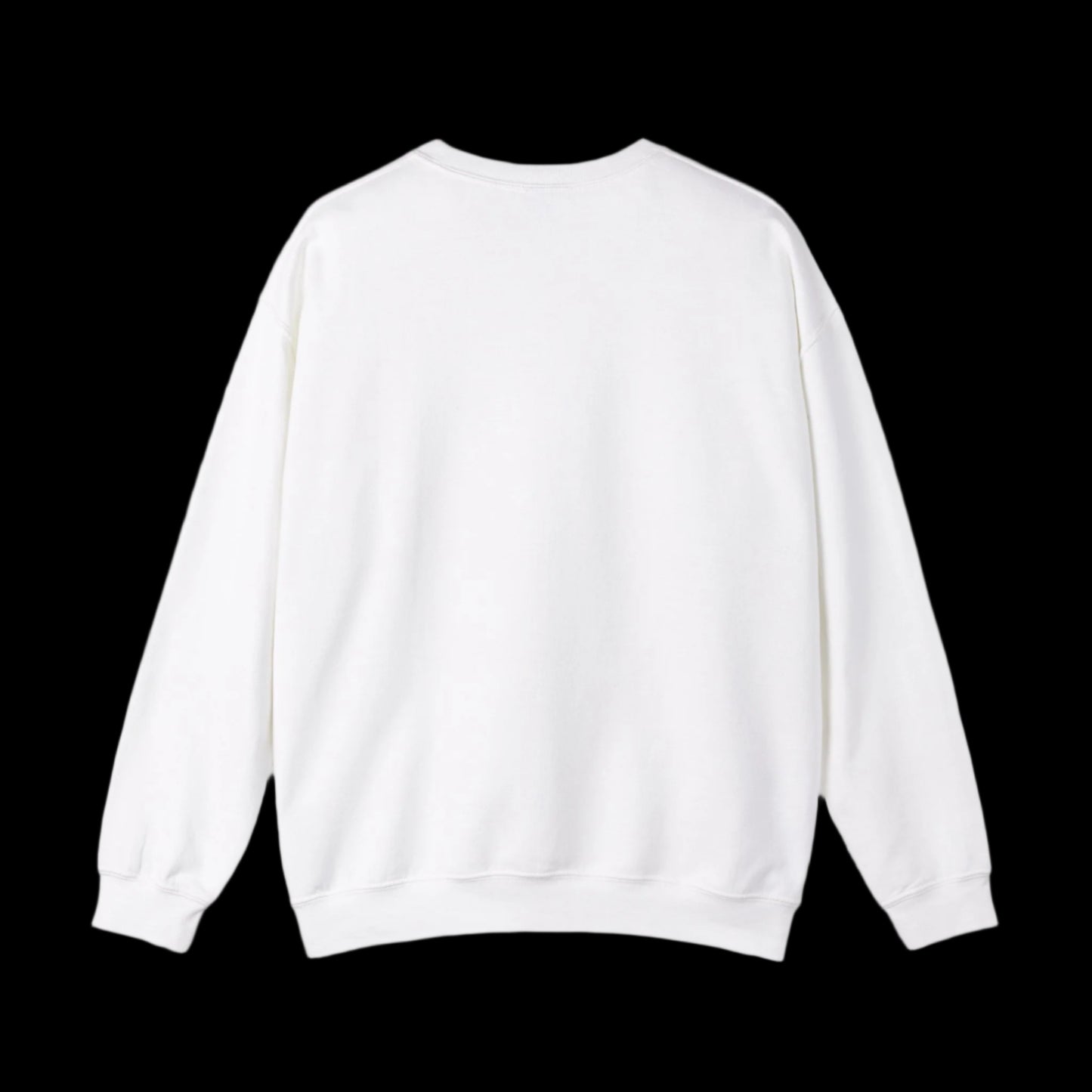 A plain white heavy blend crewneck sweatshirt displayed from the back, showcasing its simple design and long sleeves. The fabric appears soft and comfortable, with a classic crew neck and ribbed cuffs, ensuring a cozy fit.