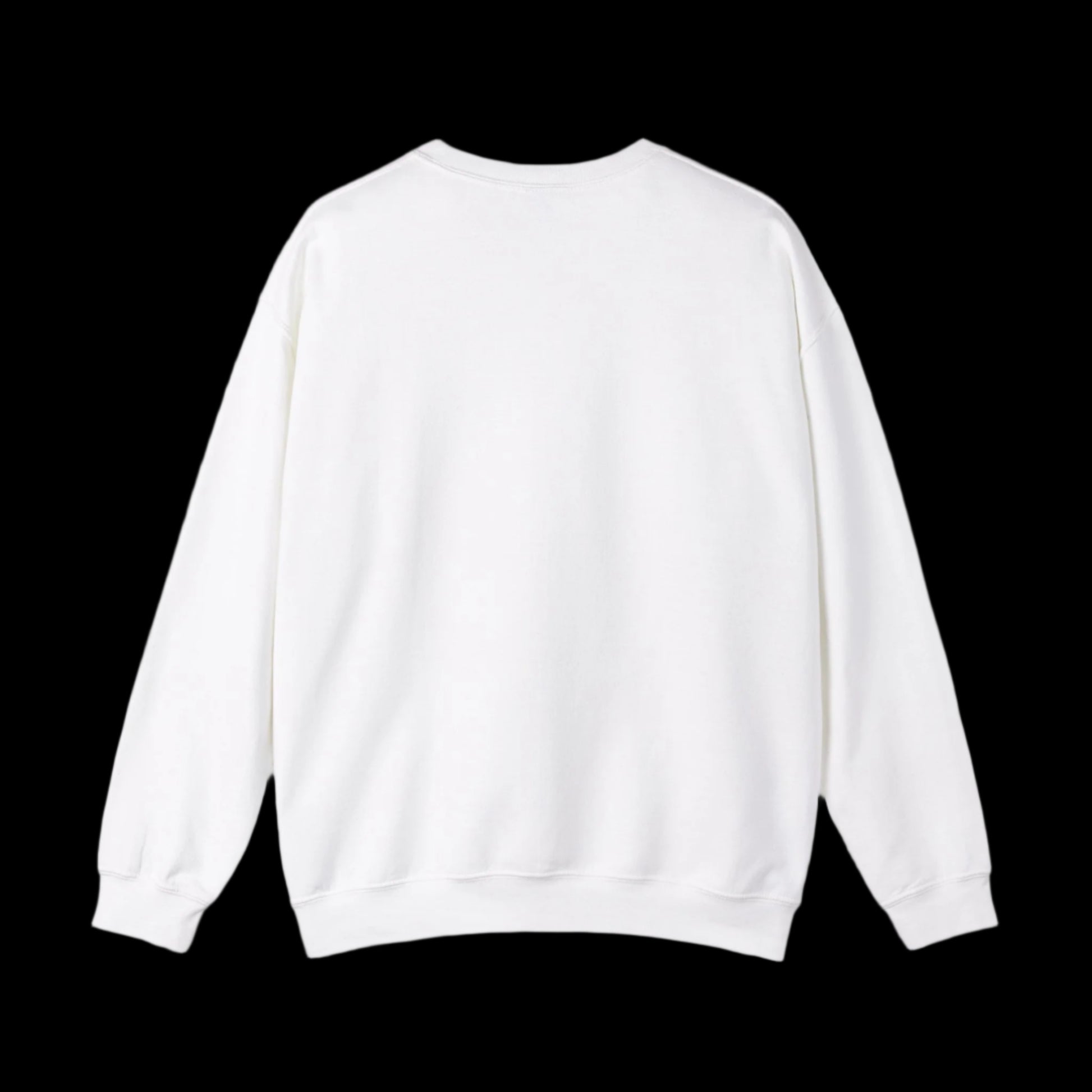 A plain white heavy blend crewneck sweatshirt displayed from the back, showcasing its simple design and long sleeves. The fabric appears soft and comfortable, with a classic crew neck and ribbed cuffs, ensuring a cozy fit.