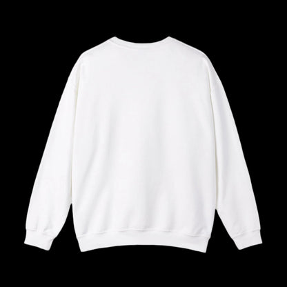 A plain white heavy blend crewneck sweatshirt displayed from the back, showcasing its simple design and long sleeves. The fabric appears soft and comfortable, with a classic crew neck and ribbed cuffs, ensuring a cozy fit.