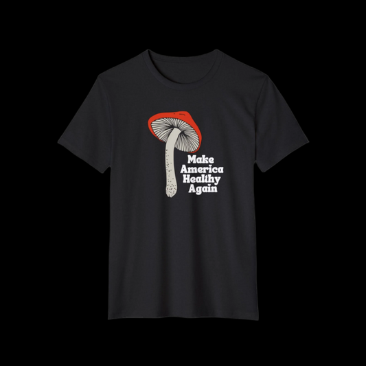 Black T-shirt crafted from sustainable fabric, featuring an illustration of a red and white mushroom with the text Make America Healthy Again printed beside it. This recycled organic tee supports RFK Jr. and a green approach while promoting wellness.