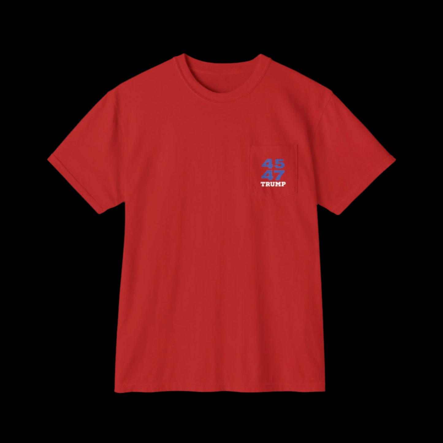 This garment-dyed red sports jersey t-shirt features 45 and 47 in a blue with white star pattern and Trump in white underneath on the left front pocket. The design is simple with no additional graphics against a black background, perfect for MAGA fans.
