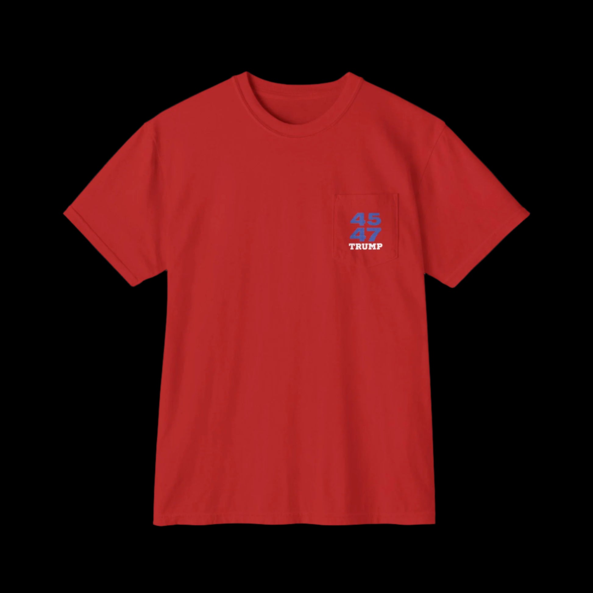 This garment-dyed red sports jersey t-shirt features 45 and 47 in a blue with white star pattern and Trump in white underneath on the left front pocket. The design is simple with no additional graphics against a black background, perfect for MAGA fans.
