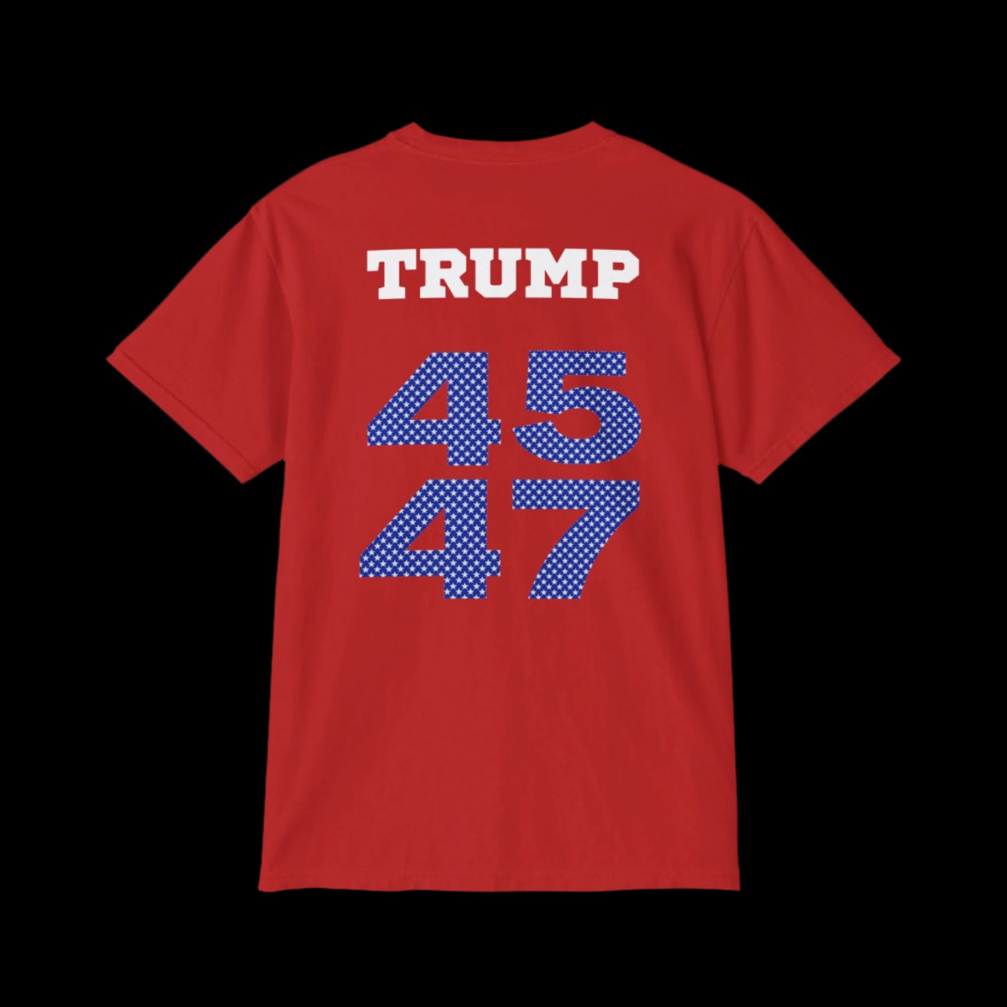 This garment-dyed red T-shirt resembles sports jersey t-shirts with TRUMP emblazoned at the top. Below, large blue star pattern numbers 45 and 47 stand out, giving it a unique Trump 45/47 vibe.