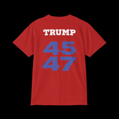 This garment-dyed red T-shirt resembles sports jersey t-shirts with TRUMP emblazoned at the top. Below, large blue star pattern numbers 45 and 47 stand out, giving it a unique Trump 45/47 vibe.