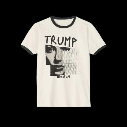 A Retro Ringer T-Shirt styled in 100% vintage white cotton showcases a graphic of a face overlaid with halftone dots. TRUMP adorns the top, with 2024 below. Featuring black trim and a unisex classic fit, this white tee contrasts against its striking black background.