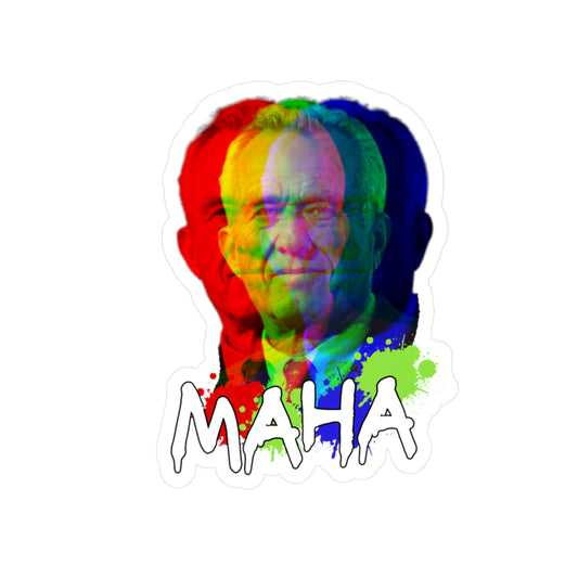 A digitally altered image of a mans face, reminiscent of RFK Jr., is overlaid in red, green, and blue, creating a blurred effect. Below the face, the word MAHA is written in bold, colorful letters with splatter effects, resembling a vibrant vinyl decal that is both artistic and UV resistant.