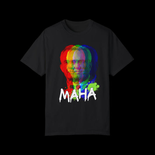 Crafted from 100% ring-spun cotton for a vintage look, this unisex black T-shirt showcases a colorful, triple-exposed prism portrait of RFK Jr. in red, green, and blue. The word MAHA boldly stands out in graffiti lettering below with a striking green paint splatter effect.