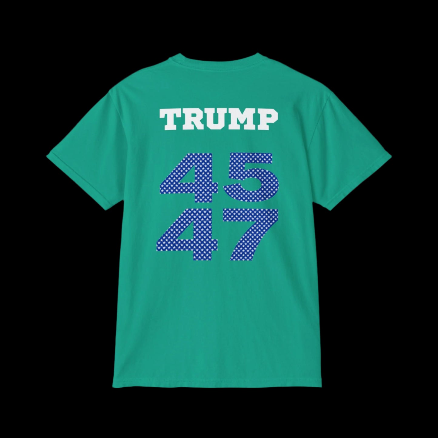 This garment-dyed teal T-shirt features Trump at the top, with bold blue numbers 45 and 47 in a star pattern reminiscent of sports jersey t-shirts.