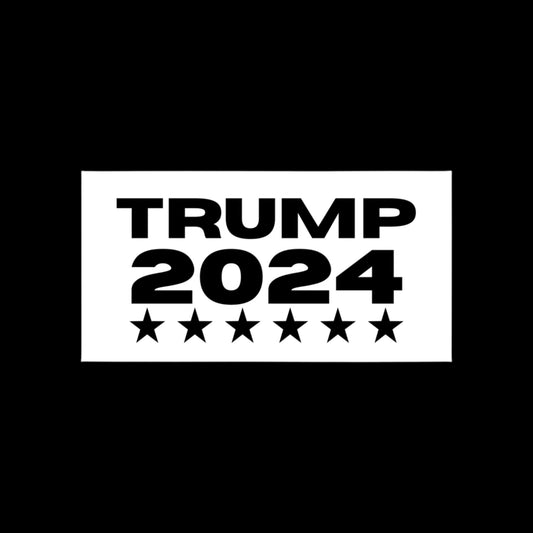 The image showcases a black background with a white rectangular bumper sticker at its center, featuring bold TRUMP 2024 text above six black stars. This striking design is available as a waterproof adhesive Trump-2024 Bumper Sticker crafted from durable vinyl material.