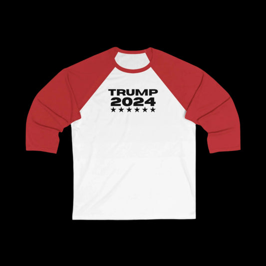 Unisex Baseball Tee: This red and white baseball-style shirt features Trump 2024 with five stars beneath it, proudly displayed on the front. The long red sleeves and white body stand out against a sleek black background, perfect for any Team Trump supporter.