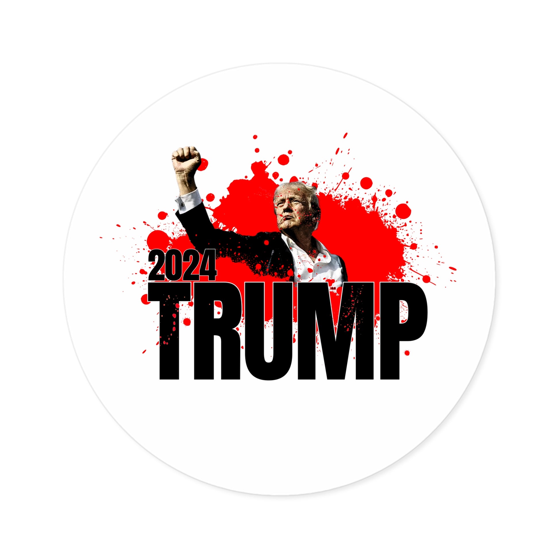 A graphic featuring Donald J. Trump raising his fist, wearing a suit with a red tie, against a splattered red background. The text 2024 TRUMP is boldly printed below, making it the perfect premium vinyl sticker for supporters.