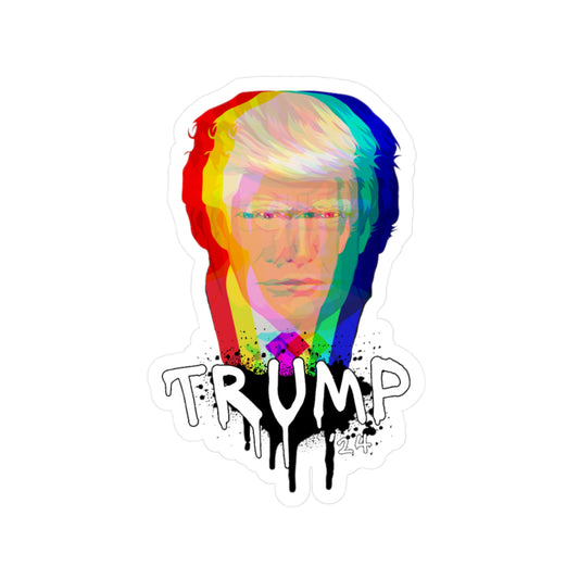 A colorful, abstract portrait of a Donald Trump with layered visual effects in red, yellow, green, and blue is featured. Below, the word TRUMP appears in bold, black dripping text with the number 24. This striking Trump Graffiti Art piece can be transformed into a UV-resistant Vinyl Decal Sticker.