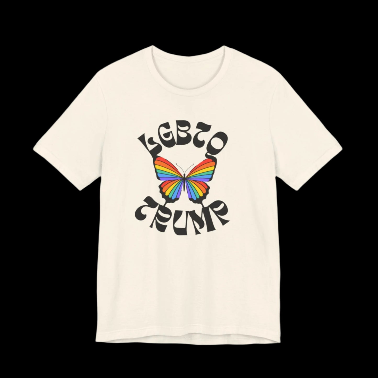 A natural white unisex t-shirt showcasing a vibrant butterfly with rainbow wings, by the bold words LGBTQ TRUMP in a curved font. The black background accentuates the lively design, making it perfect for expressing unity and pride.