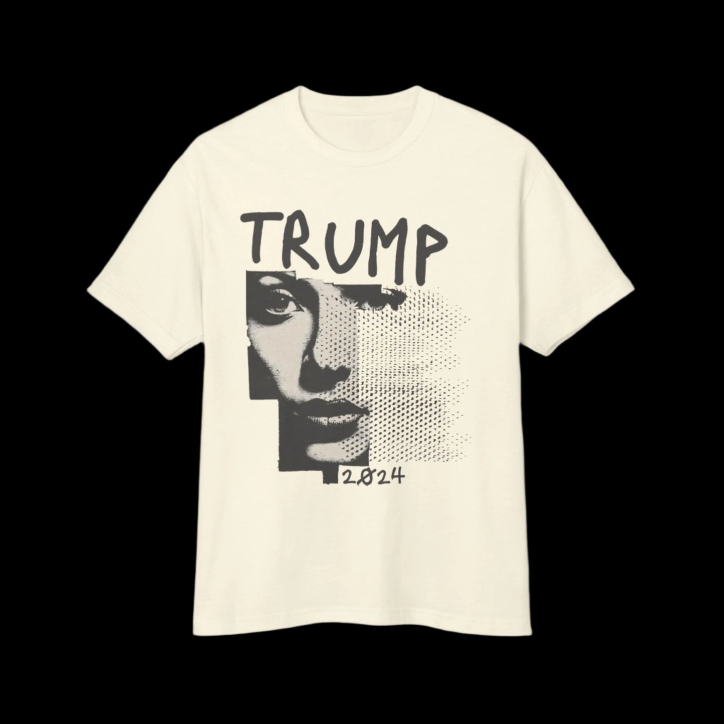 A vintage faded cream T-shirt crafted from 100% cotton features a graphic design on the front. Displaying a stylized, pixelated face with TRUMP boldly above and 2024 below, the garment-dyed piece stands out against a solid black background.