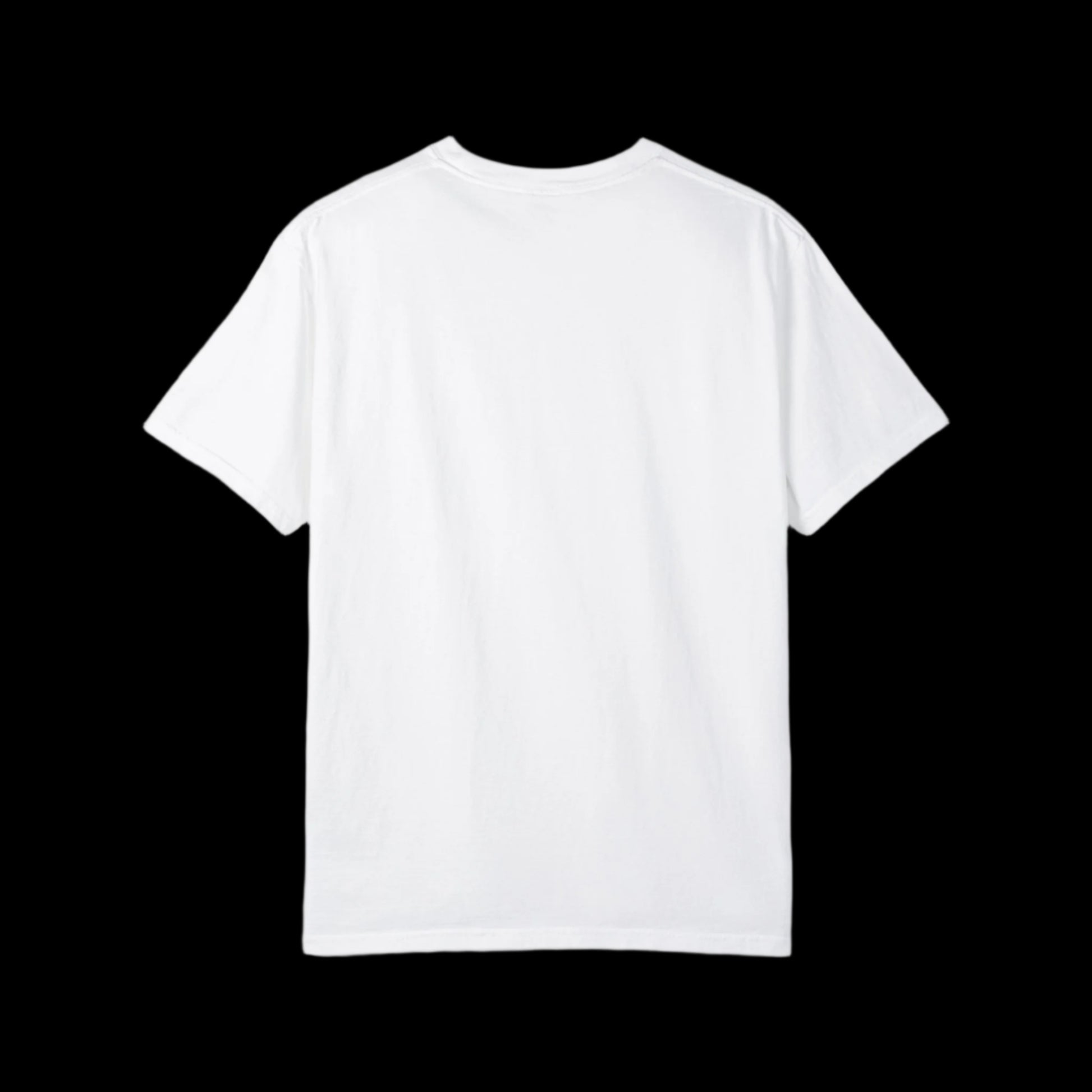 A plain white, unisex T-shirt is displayed against a black background, showcasing the back view. It boasts short sleeves and a round neckline with a subtle nod to vintage look, free of any visible design or logo.