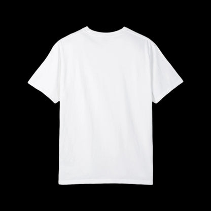 A plain white, unisex T-shirt is displayed against a black background, showcasing the back view. It boasts short sleeves and a round neckline with a subtle nod to vintage look, free of any visible design or logo.