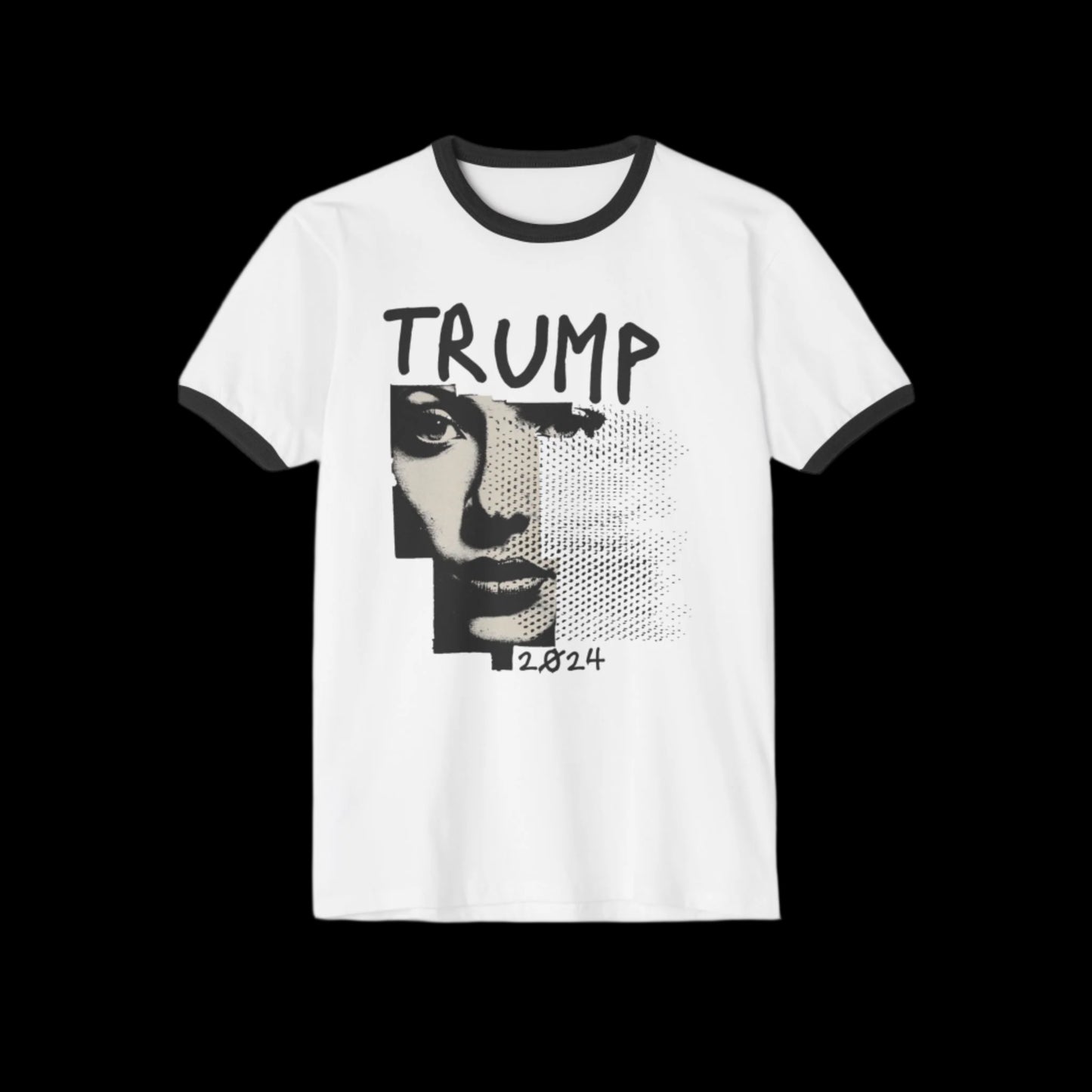 Retro Ringer T-Shirt crafted from 100% cotton, this white T-shirt with black trim showcases a stylized black-and-white face on the front. The bold text TRUMP 2024 is printed above and below the image, offering a unisex classic fit for all.