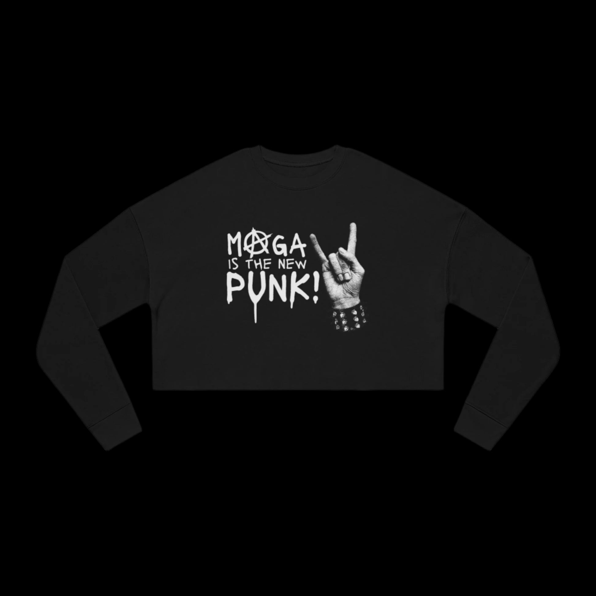 This womens black sweatshirt features a punk flair with its bold white text proclaiming MAGA IS THE NEW PUNK! The edgy design is completed with a rock-and-roll gesture and studded wristband graphic, perfect for those who appreciate a relaxed fit in their wardrobe.