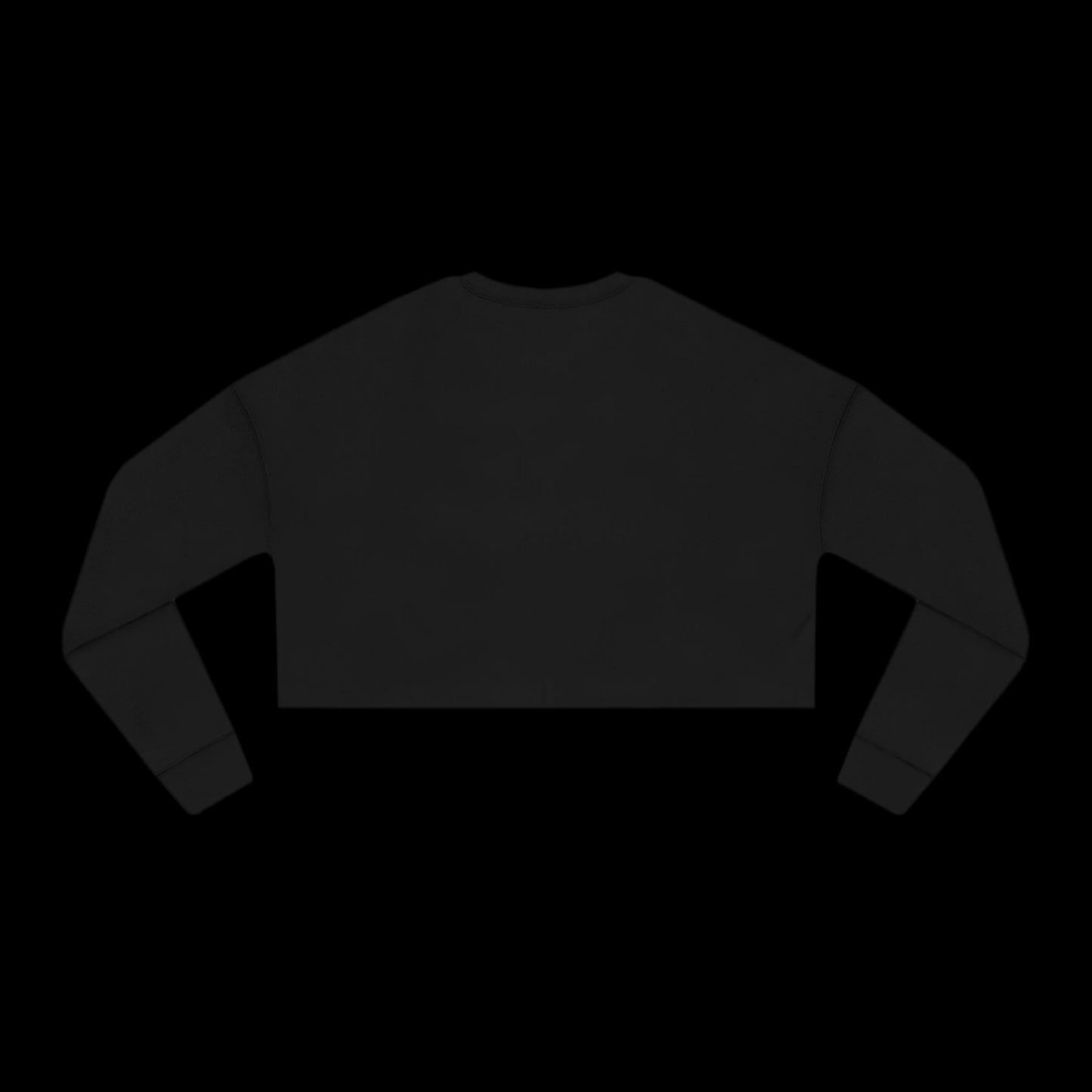 A womens black sweatshirt with a relaxed fit is displayed on a black background, shown from the back. This punk cropped sweatshirt features a simple, streamlined design with ribbed cuffs.